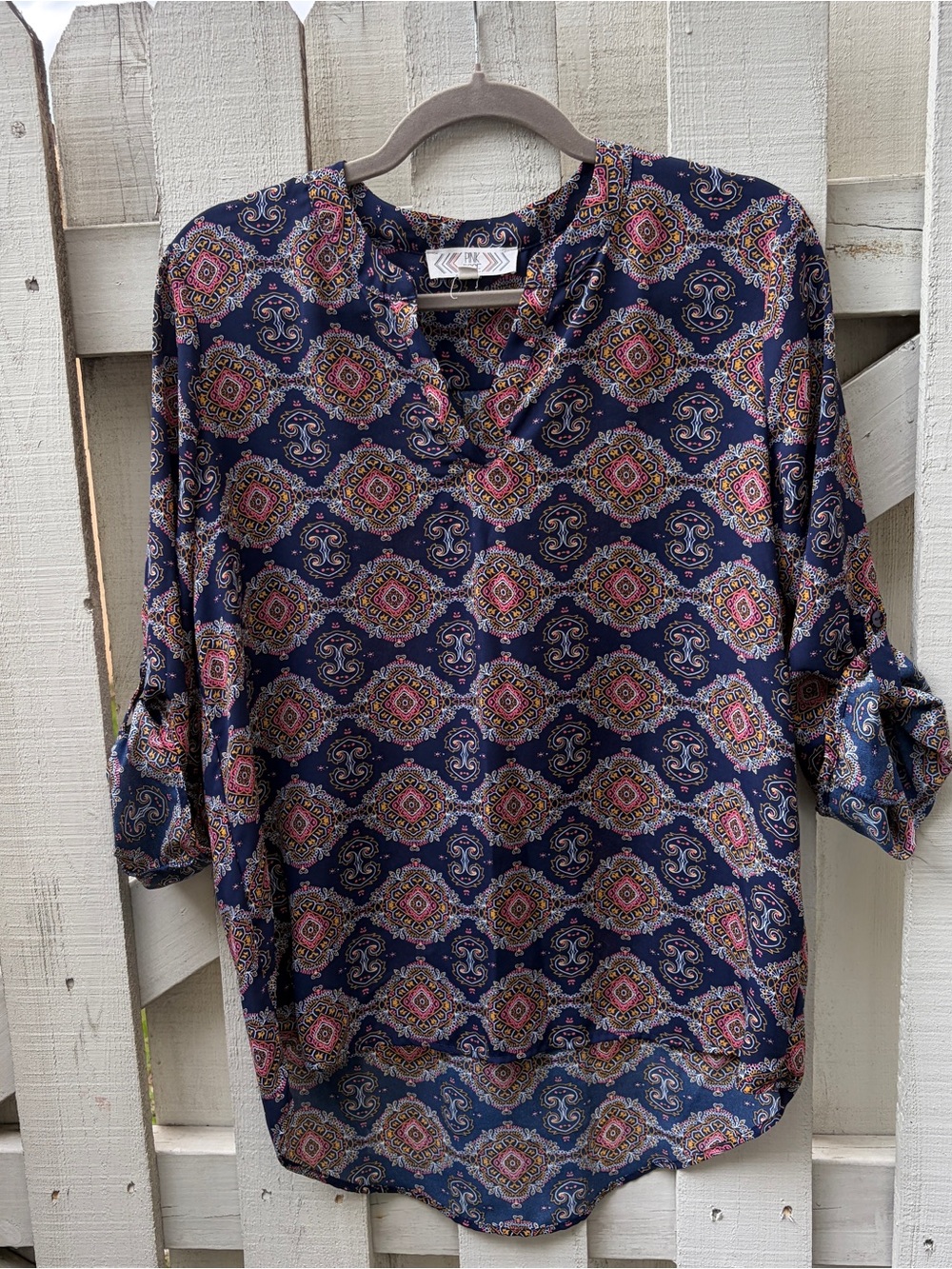 Pink Rose Navy Paisley-Print V-Neck Blouse